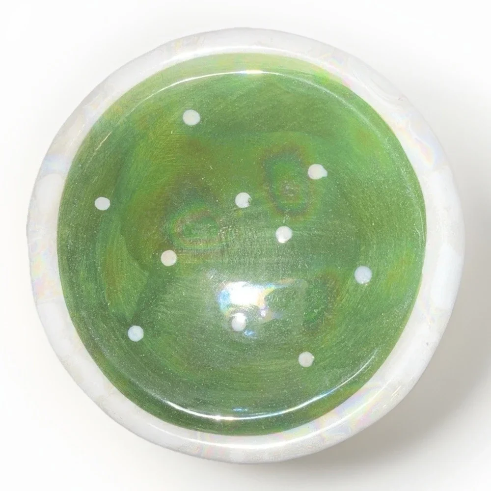 Holiday Style Ceramic Santa Claus Candle Holder Iridescent Green Basin with Box
